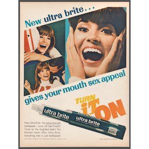 1967 Ultra Brite Toothpaste Vintage Print Ad Sex Appeal Cheerleader Football Art